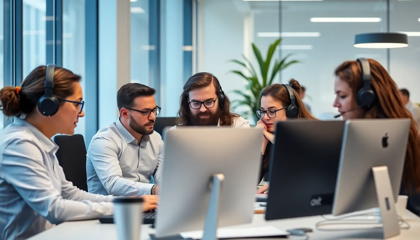A bustling office environment where data analysts collaborate to ensure ethical standards in data collection practices for AI development