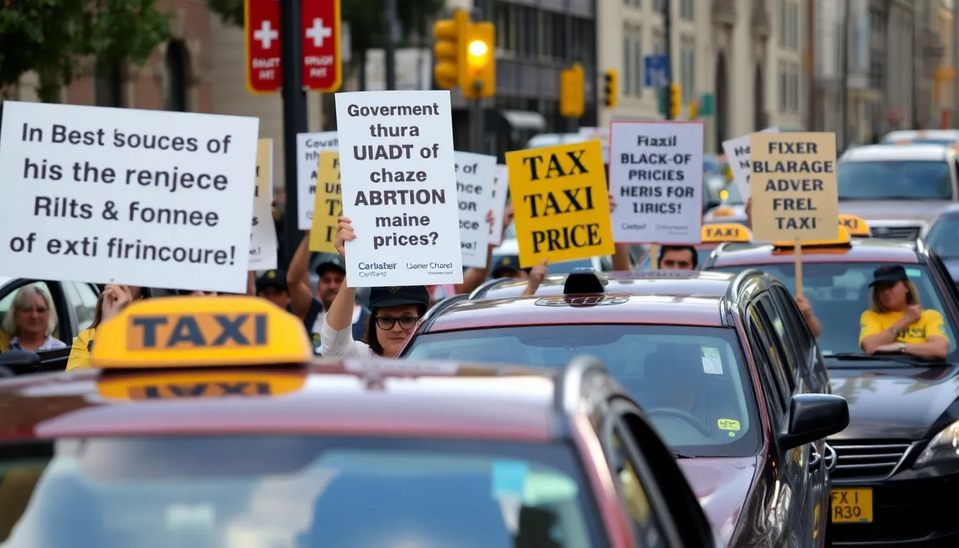 Taxi drivers gather in protest on a busy city street, holding signs demanding government action to address rising fuel prices that threaten their livelihoods.