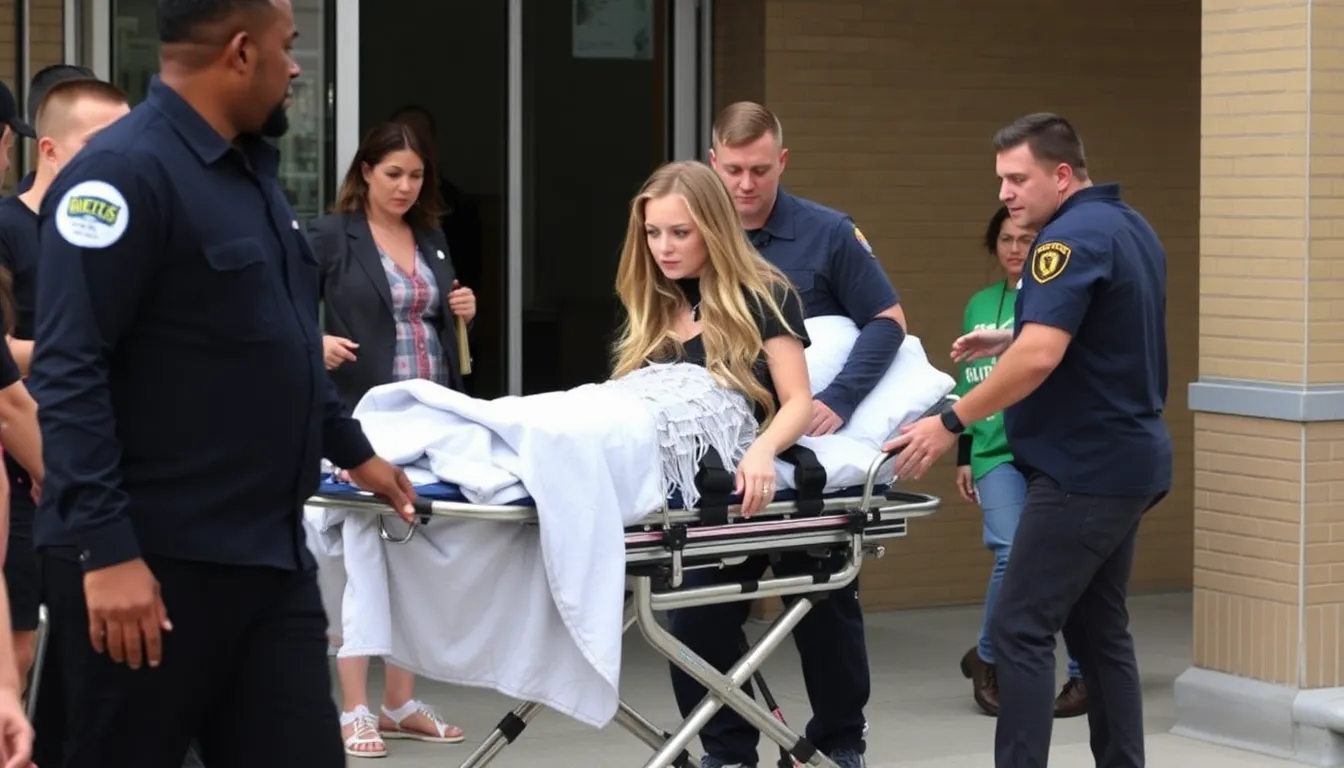 Taylor Momsen is seen being assisted by medical personnel as she is wheeled into a hospital after suffering a spider bite while on tour with AC/DC.