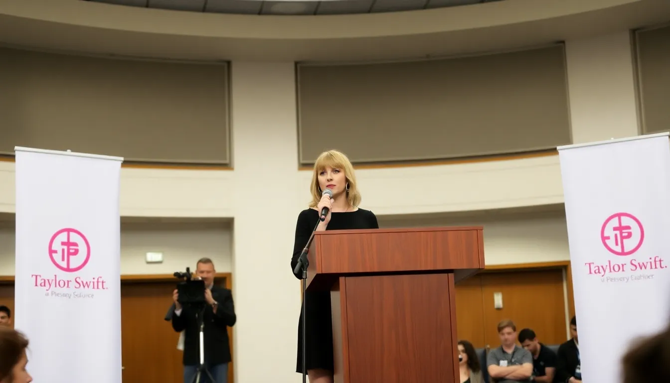 Taylor Swift stands confidently at a press conference, discussing her recent trademark filing aimed at protecting her voice and likeness from AI exploitation.