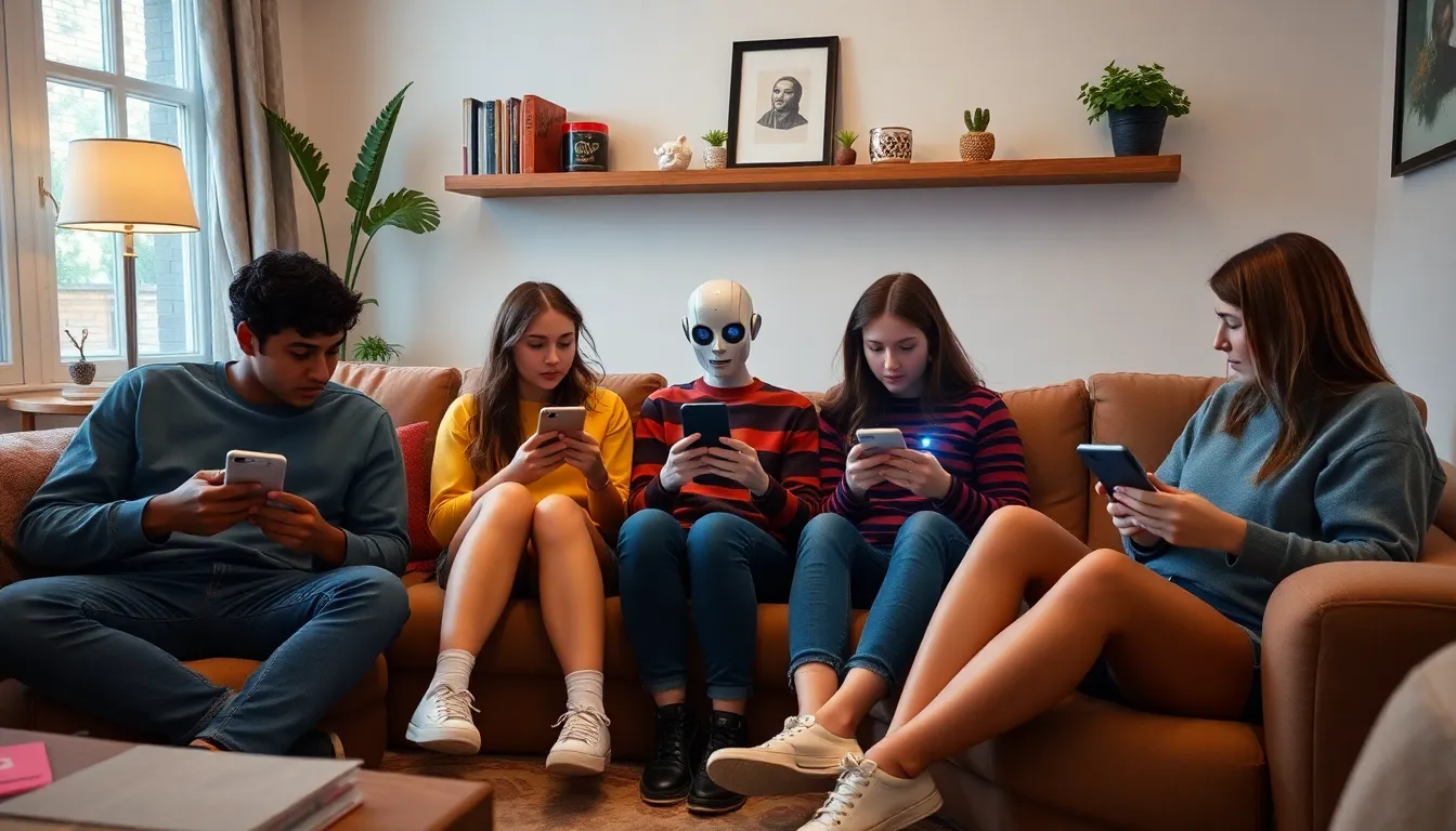 A group of teenagers sits together in a cozy living room, each engaged with their devices as they interact with roleplaying chatbots, showcasing the growing trend of digital socialization among youth.