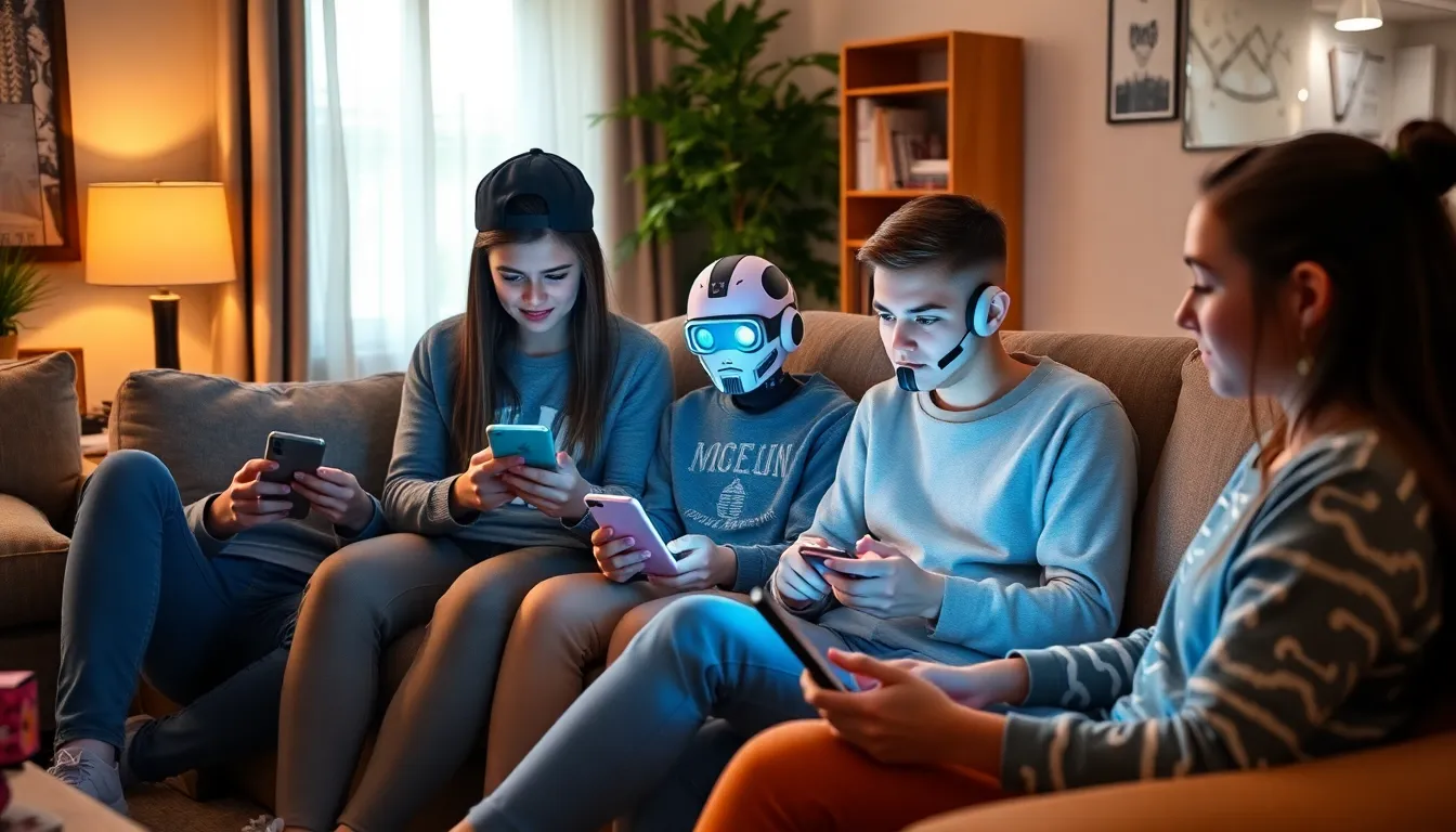 A diverse group of teenagers discussing their experiences with chatbots, highlighting the social dynamics and emotional connections formed through these platforms