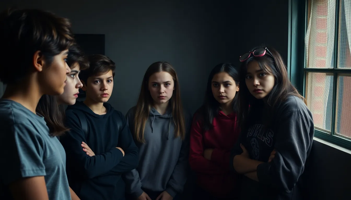 A group of teenagers stands together in a dimly lit room, their expressions reflecting a mix of determination and uncertainty as they discuss their plans for resistance against the oppressive regime surrounding them.