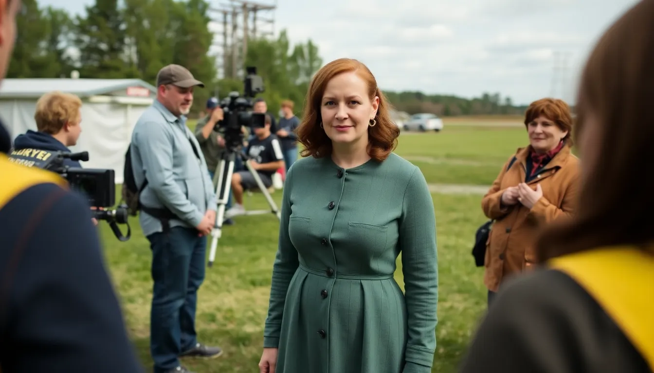 Elisabeth Moss, dressed in character as June Osborne, stands on a film set surrounded by crew members while discussing the upcoming season of The Handmaid's Tale.