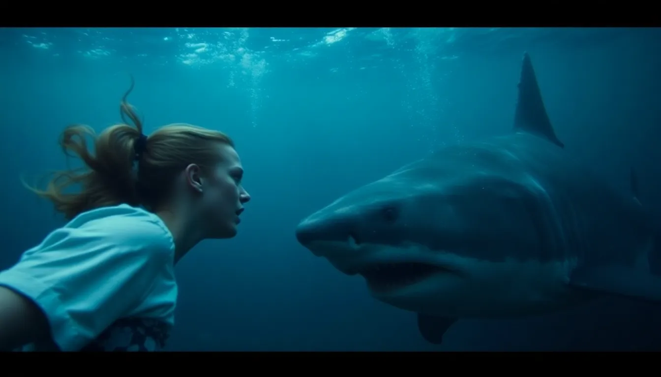 Phoebe Dynevor's character confronts a menacing shark in a tense underwater scene, highlighting the film's blend of horror and survival.