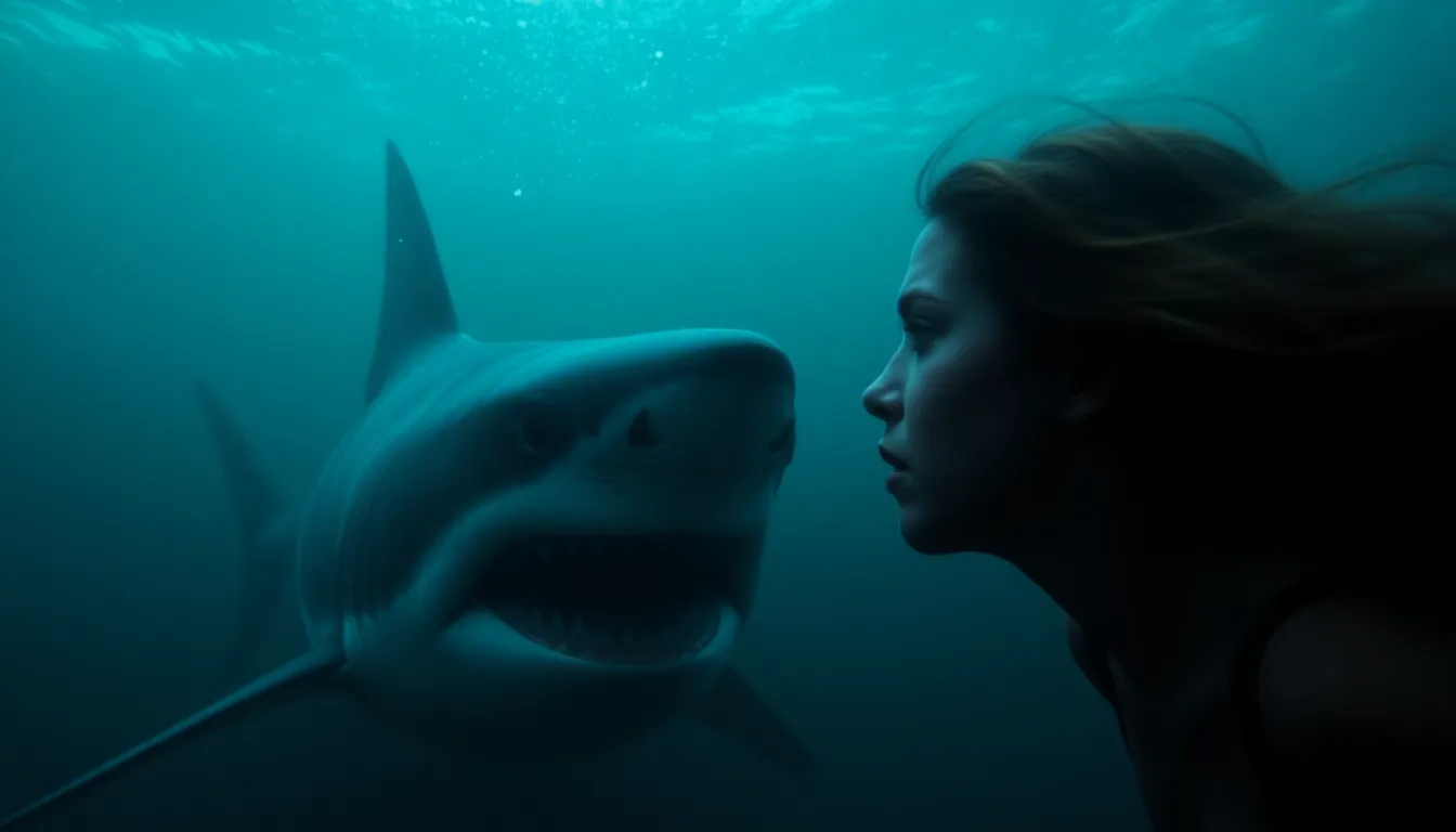 Tension builds as the film showcases a dramatic chase sequence, highlighting the relentless pursuit of the deadly predator