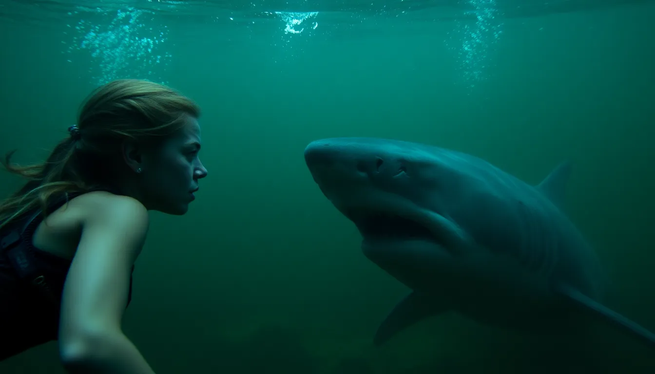 A group of characters strategizes on a boat, emphasizing their fight for survival against the lurking threat beneath the waves