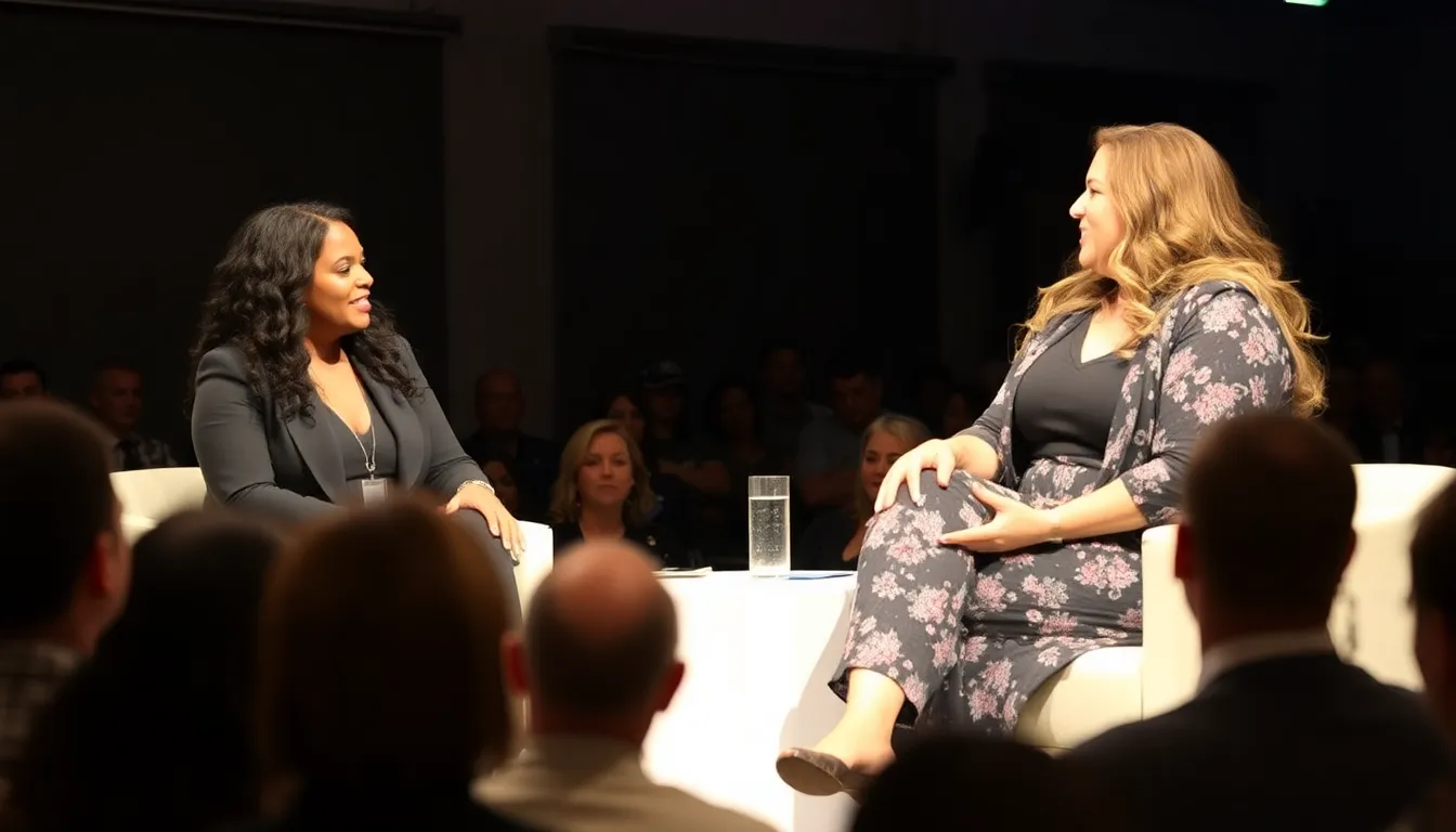Tina Knowles and Ashley Graham engage in a lively discussion about fashion and representation, surrounded by a diverse audience eager to hear their insights.