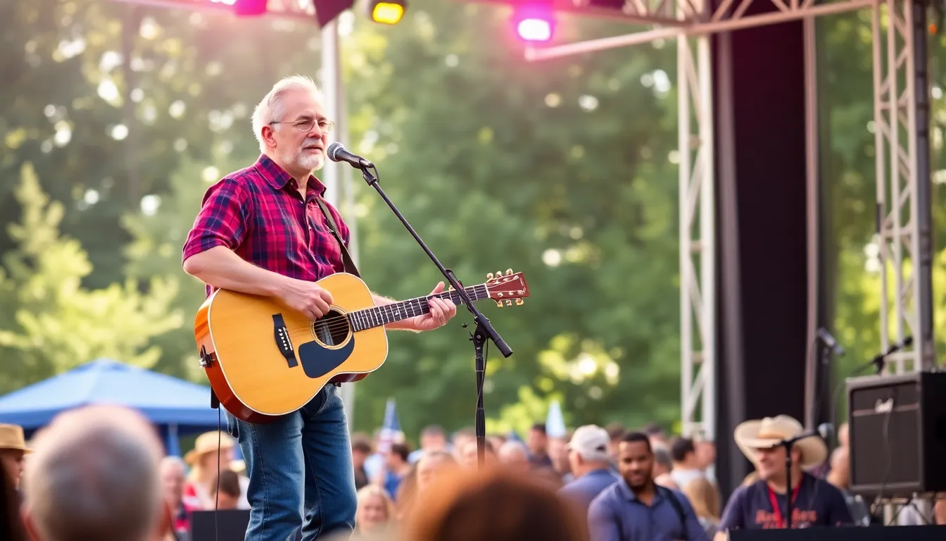 Tom Dumont stands on stage with his guitar, passionately performing while sharing his journey with Parkinson's disease during a recent concert.