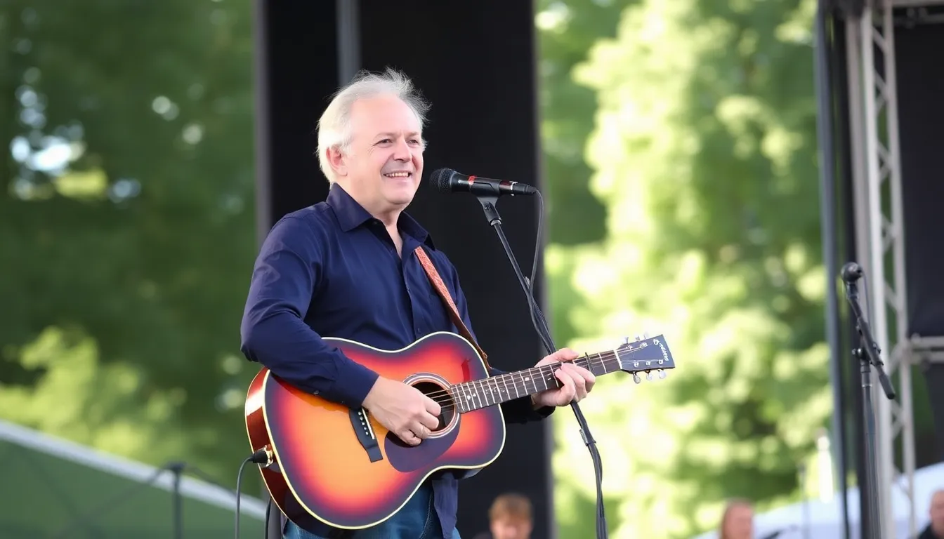 Fans gather at a concert, holding signs of support for Tom Dumont, demonstrating the community's solidarity in the face of his health struggles