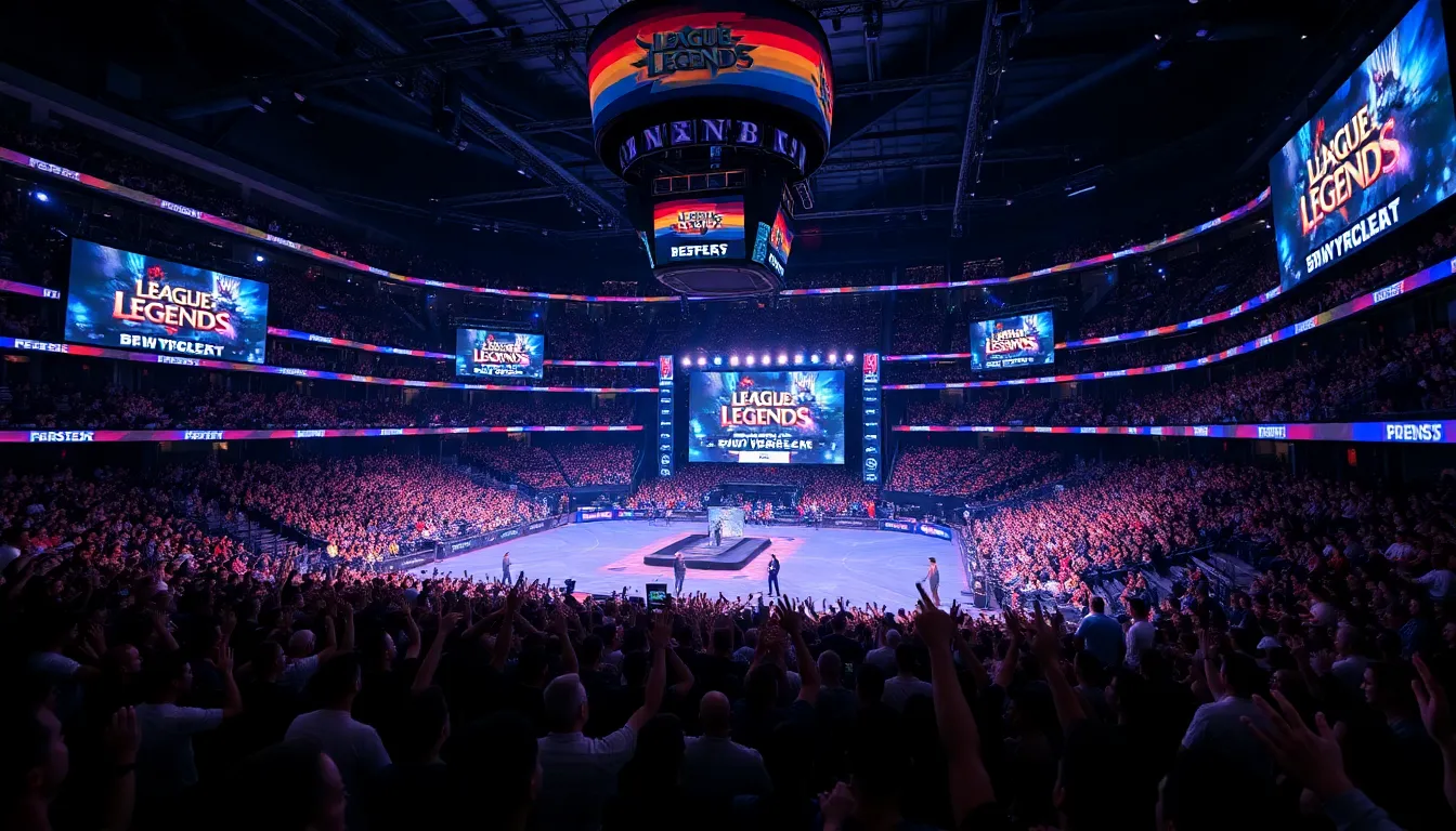A large crowd gathers in a stadium, cheering enthusiastically as players compete in the League of Legends MidSeason Invitational, with vibrant screens displaying the action and branding from various sponsors.