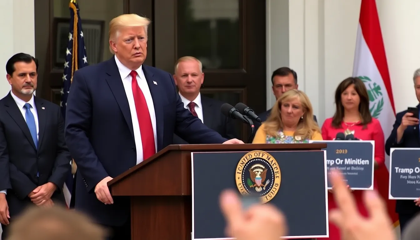 Former President Donald Trump speaks at a podium during a press conference announcing his initiative to eliminate Iran's nuclear stockpile, surrounded by supporters and reporters.