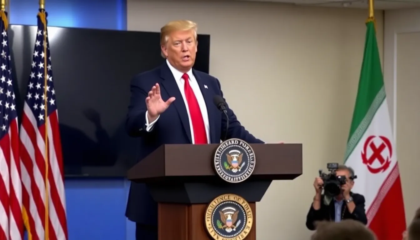 President Donald Trump speaks at a podium during a press conference, announcing the cancellation of a planned diplomatic trip to Iran amid rising tensions over the country's nuclear program.