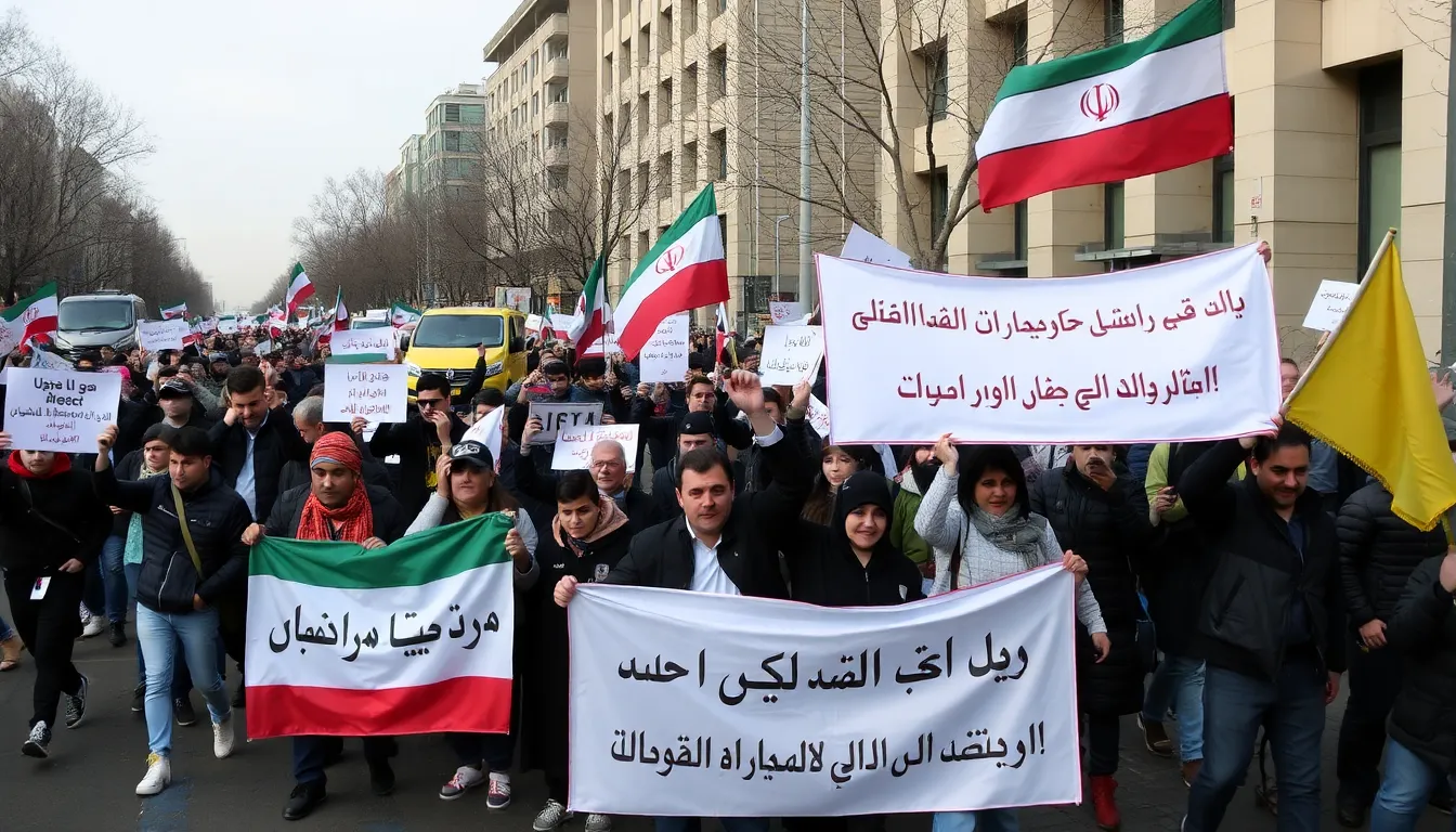 Protesters gather in Tehran, holding banners and chanting slogans against the government as tensions rise ahead of the impending ceasefire expiration.