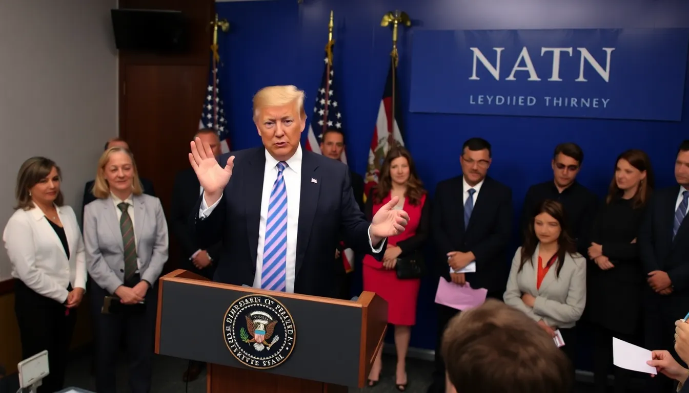 Former President Donald Trump speaks at a podium during a press conference, expressing his criticisms of NATO while reporters listen attentively.