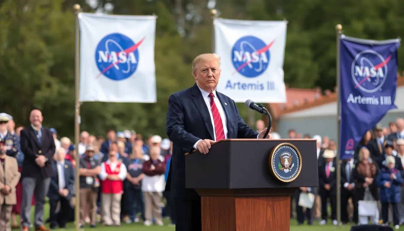 Former President Donald Trump speaks to the Artemis II crew at a ceremonial event, asserting his role in preserving NASA's funding despite past budget cut proposals.