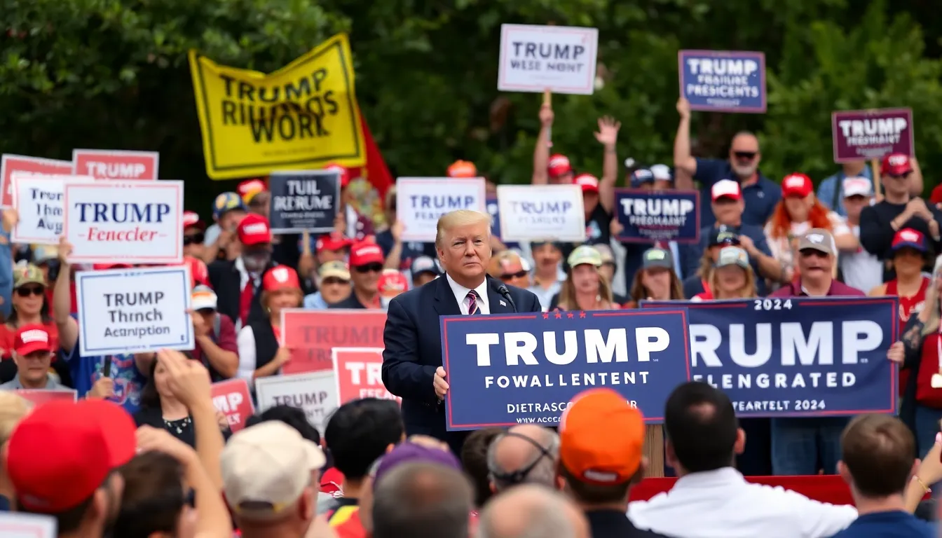 Supporters of Donald Trump gather at a rally, holding signs and banners while listening intently as he speaks about his potential 2024 presidential campaign and his controversial statements regarding political retribution.