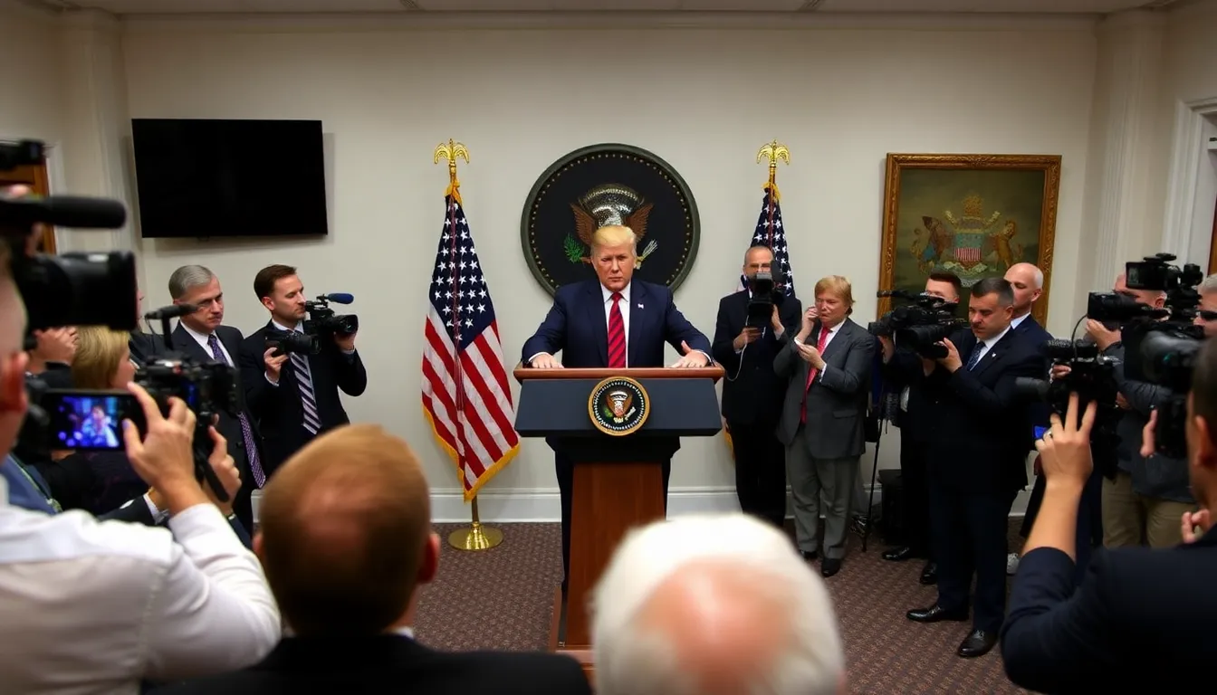 President Trump stands at a podium during a press conference, addressing the nation about rising tensions with Iran while reporters and cameras surround him.