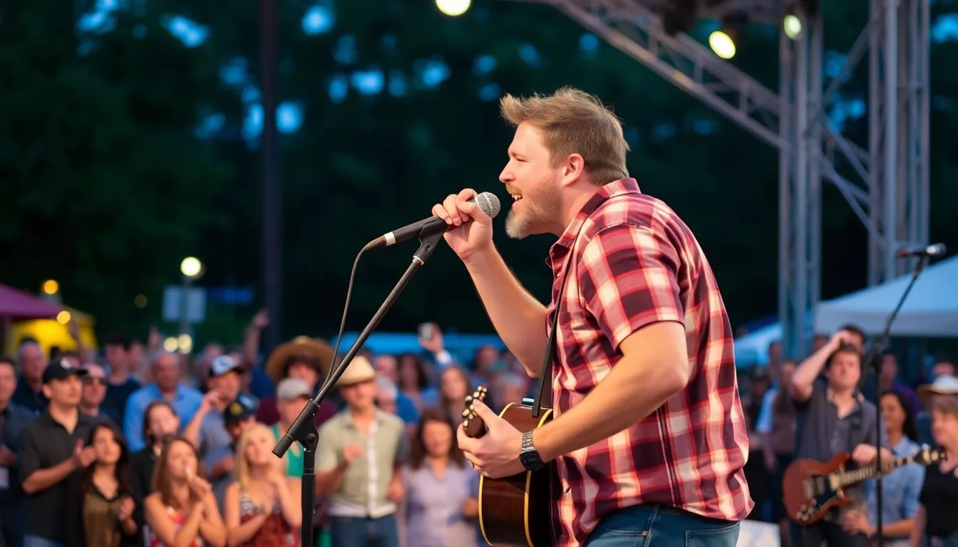 Ty Myers performs on stage, passionately singing into a microphone while a vibrant crowd enjoys his soulful country music during a live concert.