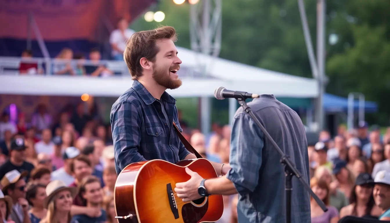 A vibrant crowd at a concert, captivated by the emotional performance of an emerging country artist