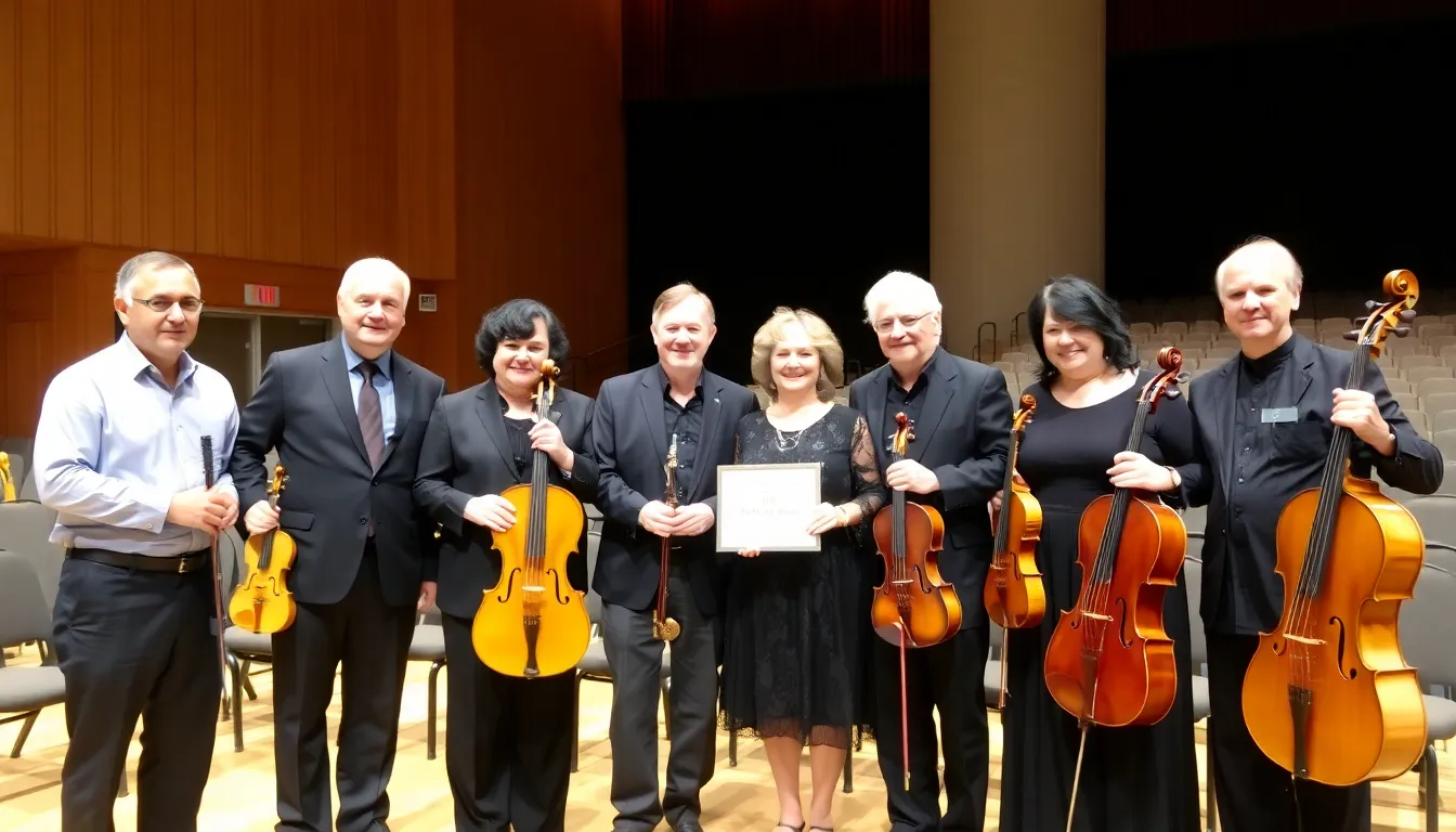 A group of musicians gathers on stage, paying tribute to Tzruya 'Suki' Lahav, as they hold instruments and share heartfelt memories of her impact on the music industry.