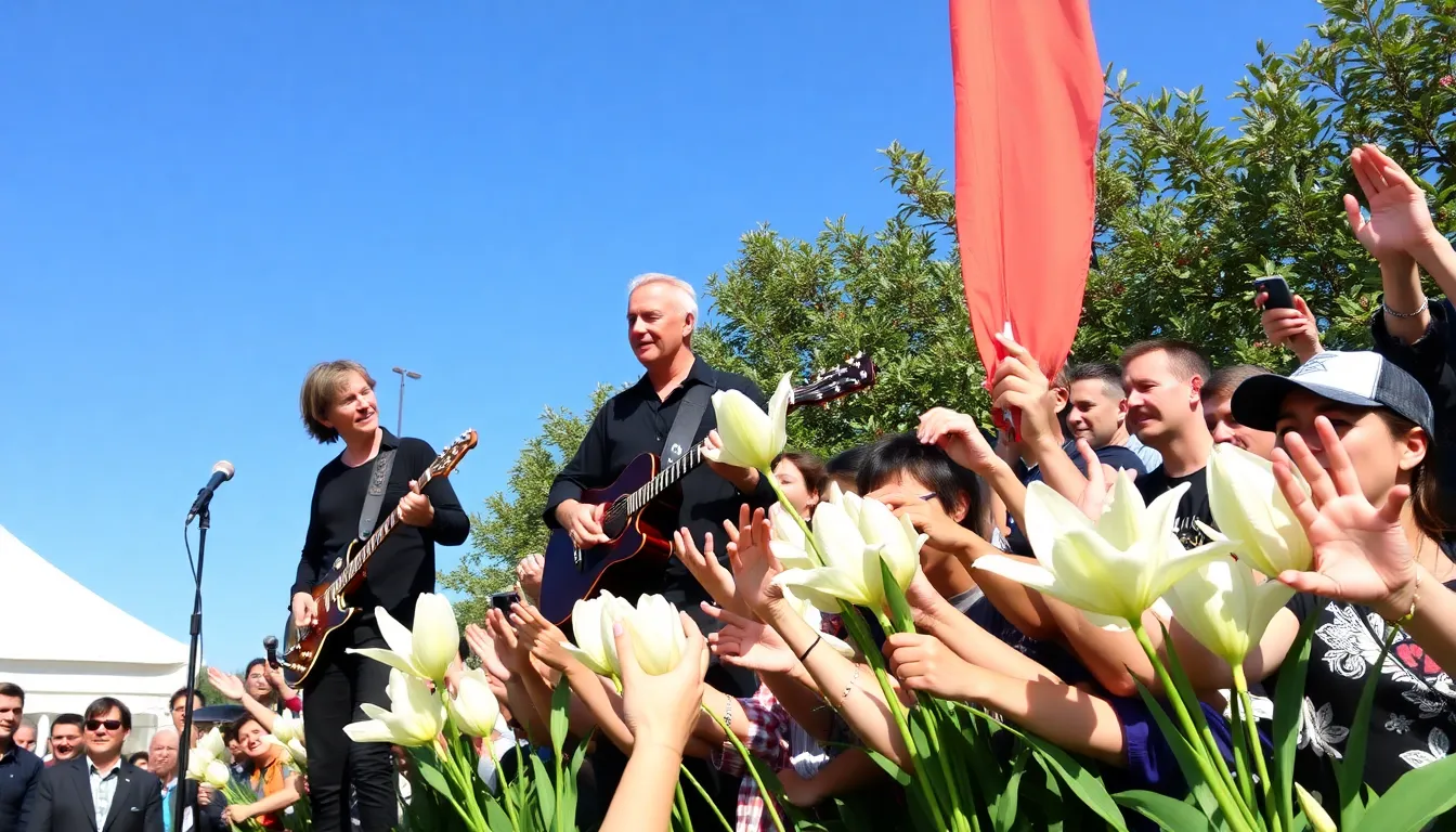U2 members celebrate the launch of their new EP Easter Lily during a lively promotional event with fans in attendance.