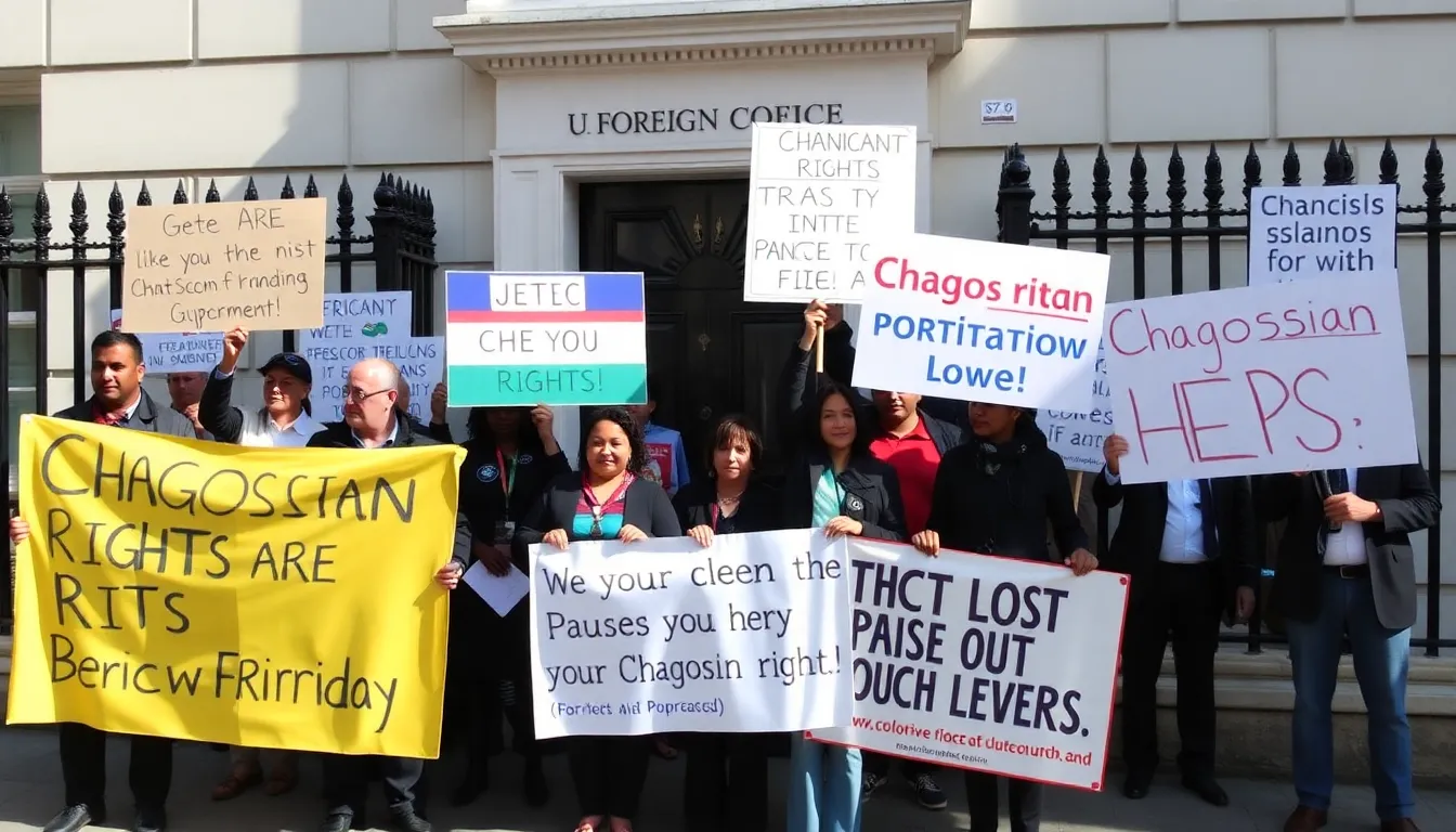 A group of protesters holds banners advocating for the rights of the Chagossians outside the U.K. Foreign Office in response to the government's decision to pause the Chagos Islands agreement.