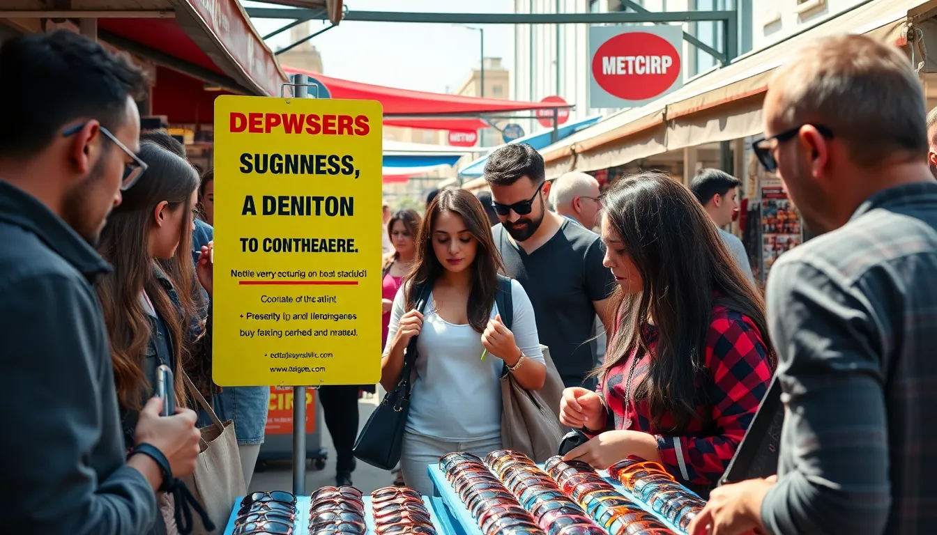 People shopping at a bustling outdoor market in the UK, examining various sunglasses while a sign warns about counterfeit products and their health risks.