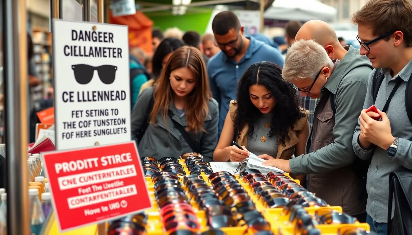A closeup view of counterfeit sunglasses displayed at a popup market, emphasizing the risks associated with purchasing fake designer eyewear