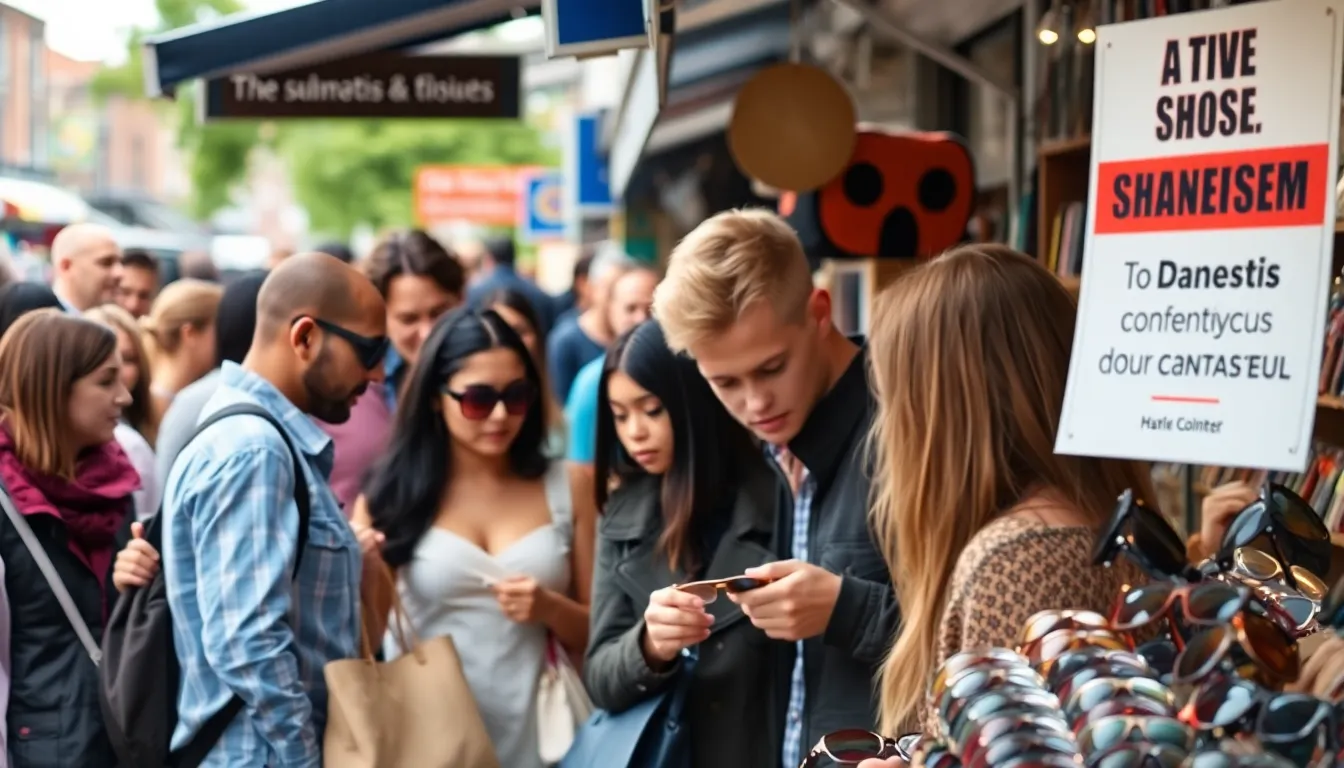 A concerned consumer examining a pair of sunglasses in a retail store, reflecting the growing awareness of the dangers of counterfeit products