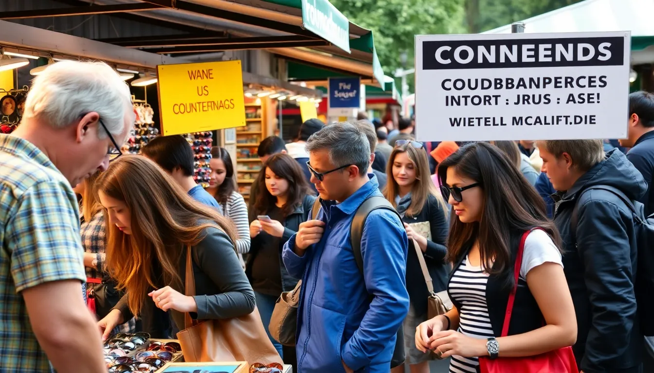 A public awareness campaign poster illustrating the differences between genuine and counterfeit sunglasses, aimed at educating shoppers about eye safety