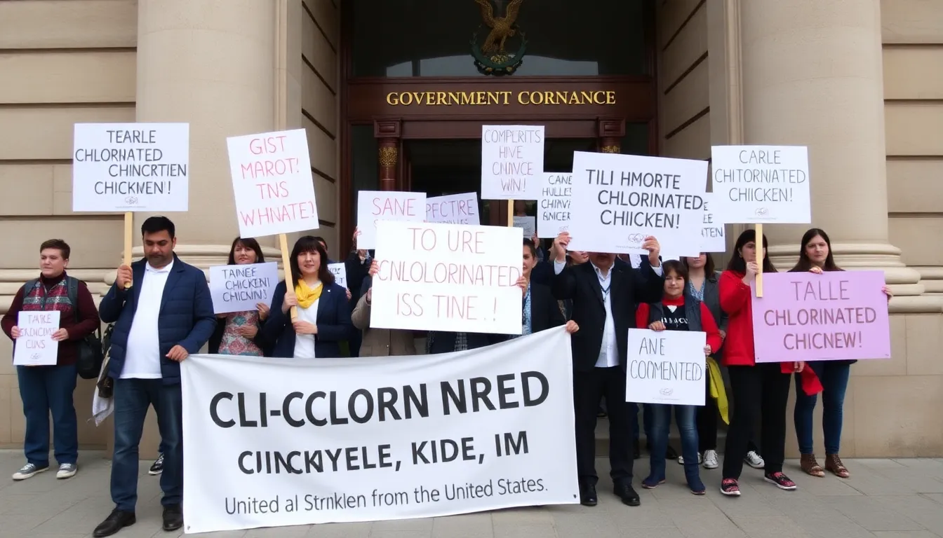 A group of protesters holds signs outside a government building, voicing their concerns over the potential import of chlorinated chicken from the United States.