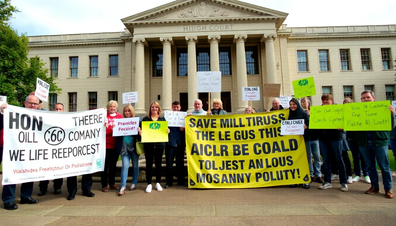 A group of environmental activists gathers outside the High Court, holding banners and signs to protest against the oil company accused of causing extensive pollution.