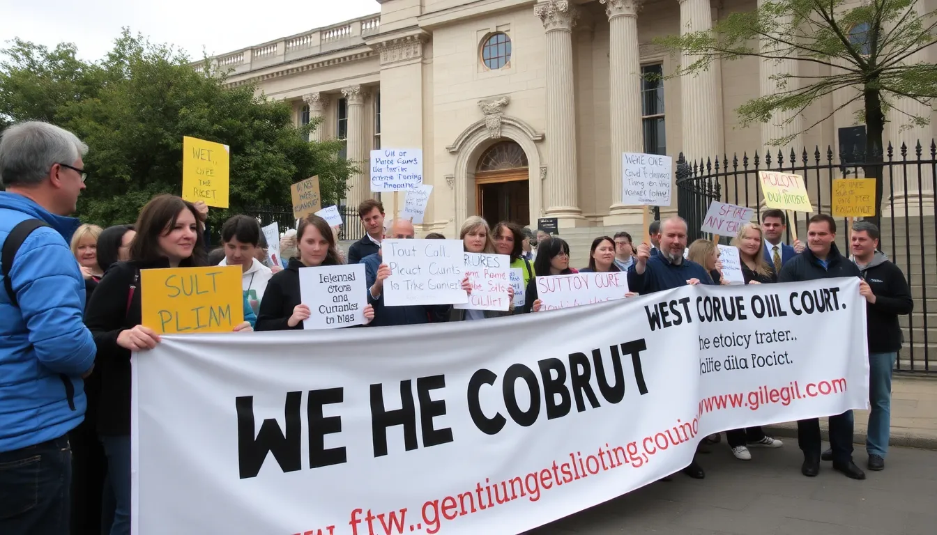 Environmental advocacy groups hold a rally outside the High Court, emphasizing the importance of justice for communities affected by industrial pollution