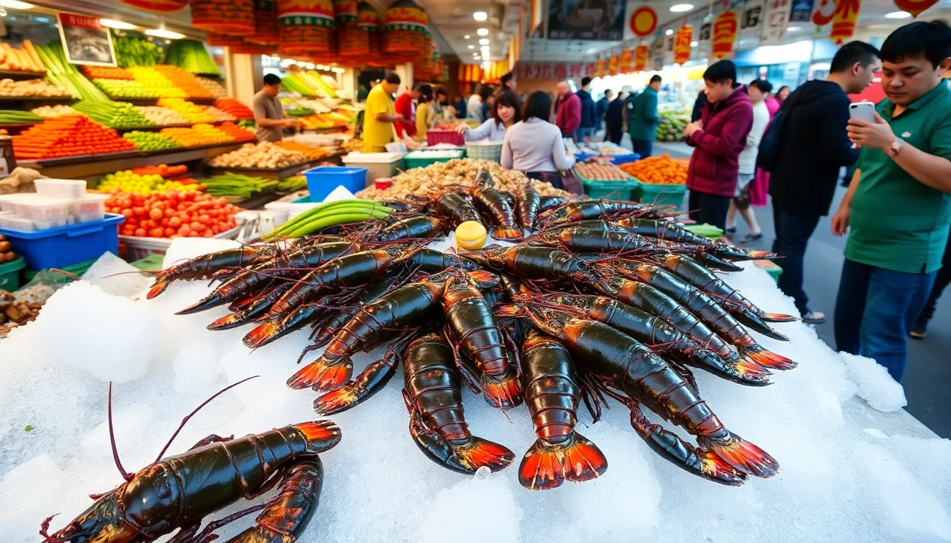 a bustling seafood market in China showcasing a variety of live lobsters displayed prominently on ice, attracting eager customers amid vibrant stalls filled with fresh produce.