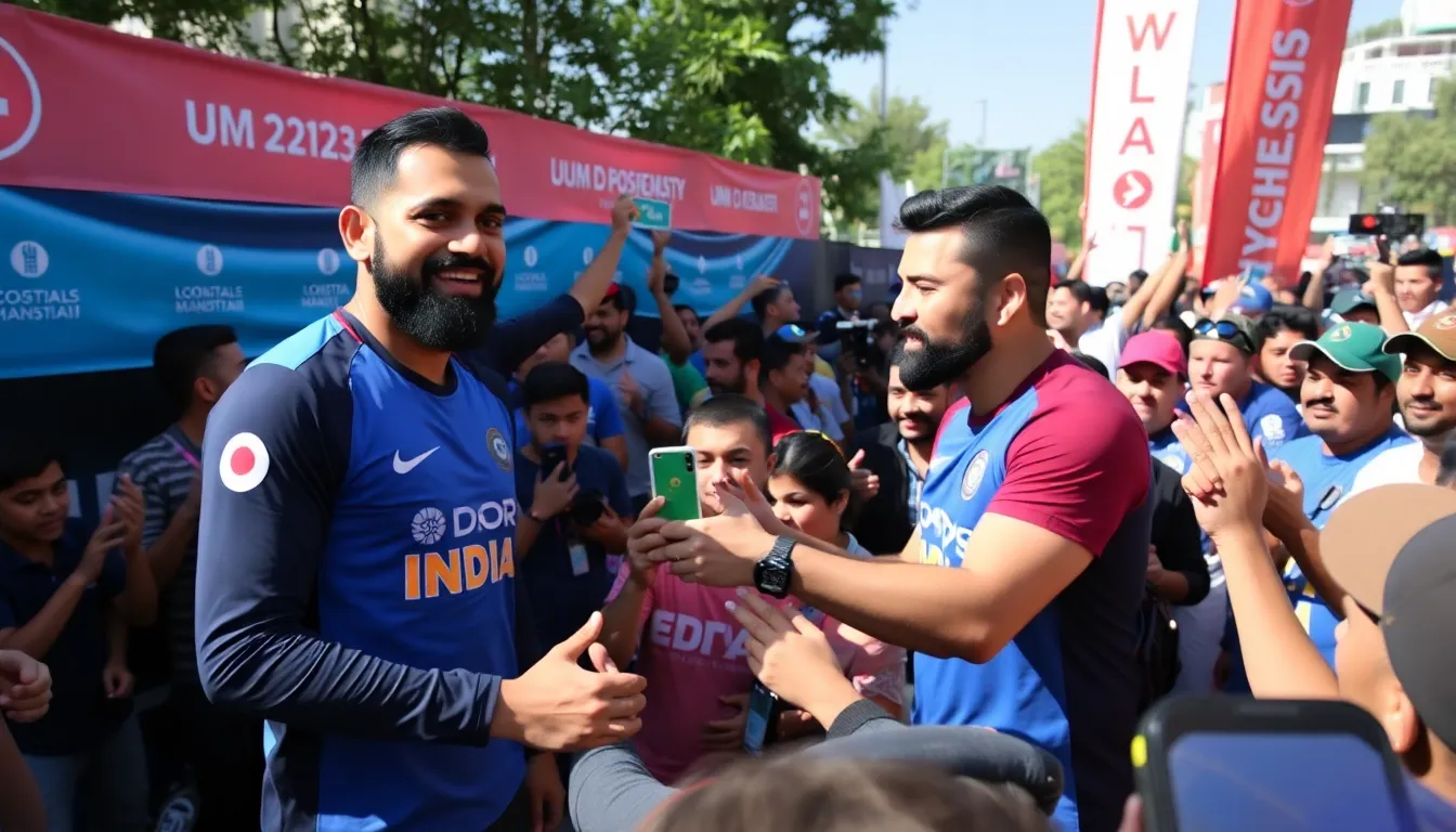 Virat Kohli and Ben Stokes interact with fans at a promotional event, highlighting the growing influence of social media in cricket.
