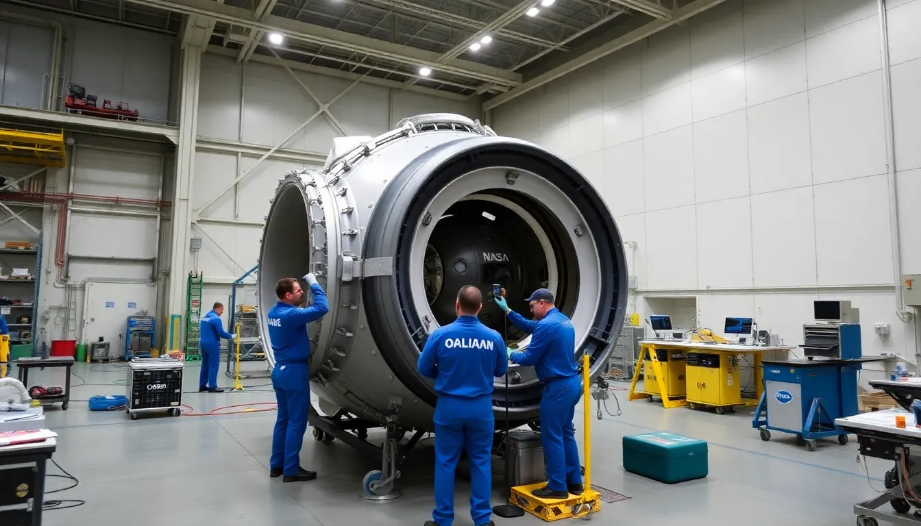 NASA engineers conduct final tests on the Orion spacecraft in a large assembly facility as preparations continue for the Artemis II mission, which is set to launch in November 2024.