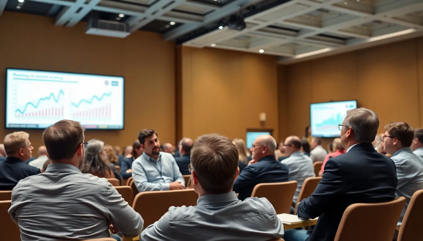 A group of economists discusses the latest inflation figures during a conference, with charts and graphs displayed on a screen behind them.
