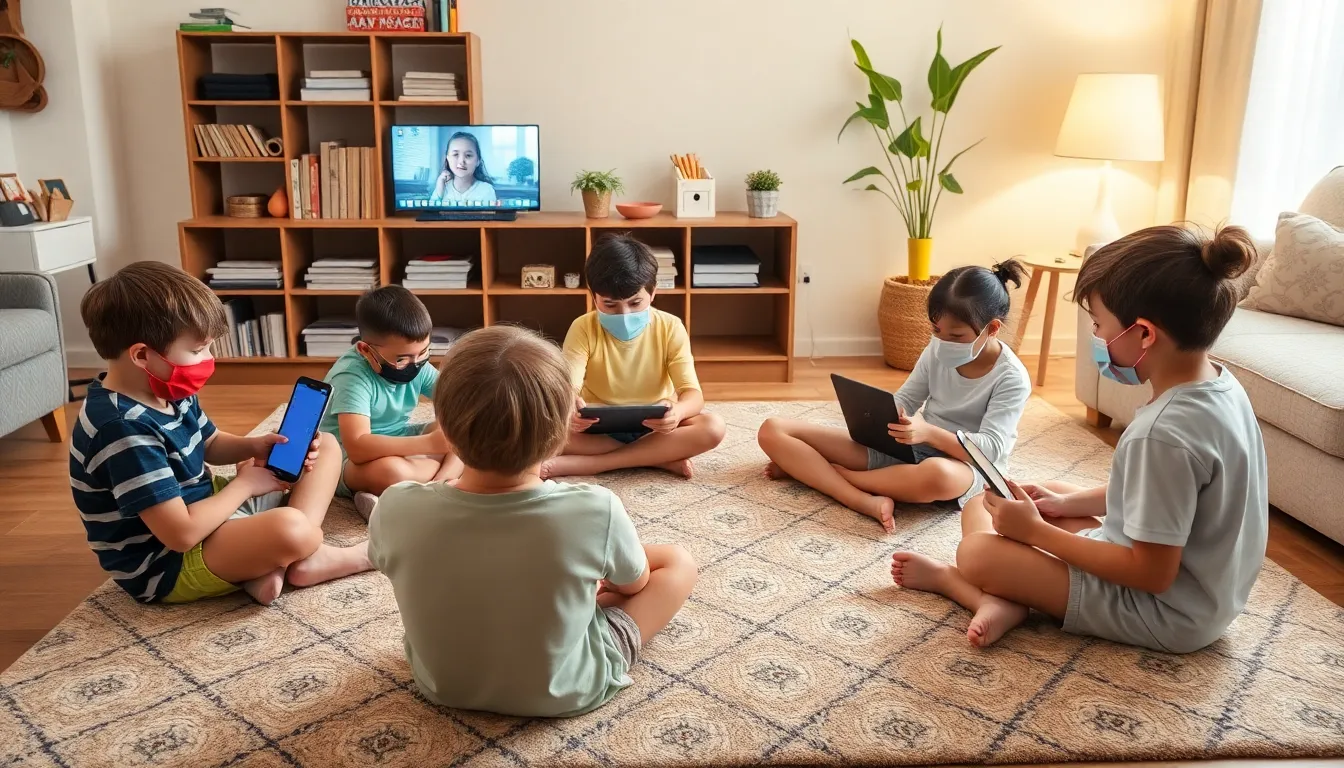 A group of children sits together in a living room, each focused on their own devices as they engage in online learning during the COVID19 pandemic.