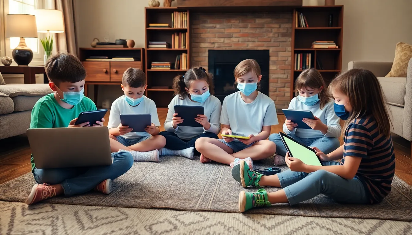 A family gathered in a living room, engaging with various digital devices and sharing moments together, illustrating the communal aspect of screen time