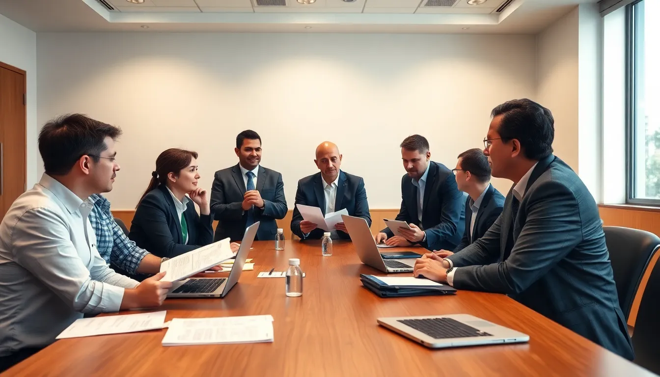 A group of business representatives discusses tariff refund strategies during a meeting in a conference room, with documents and laptops open in front of them.