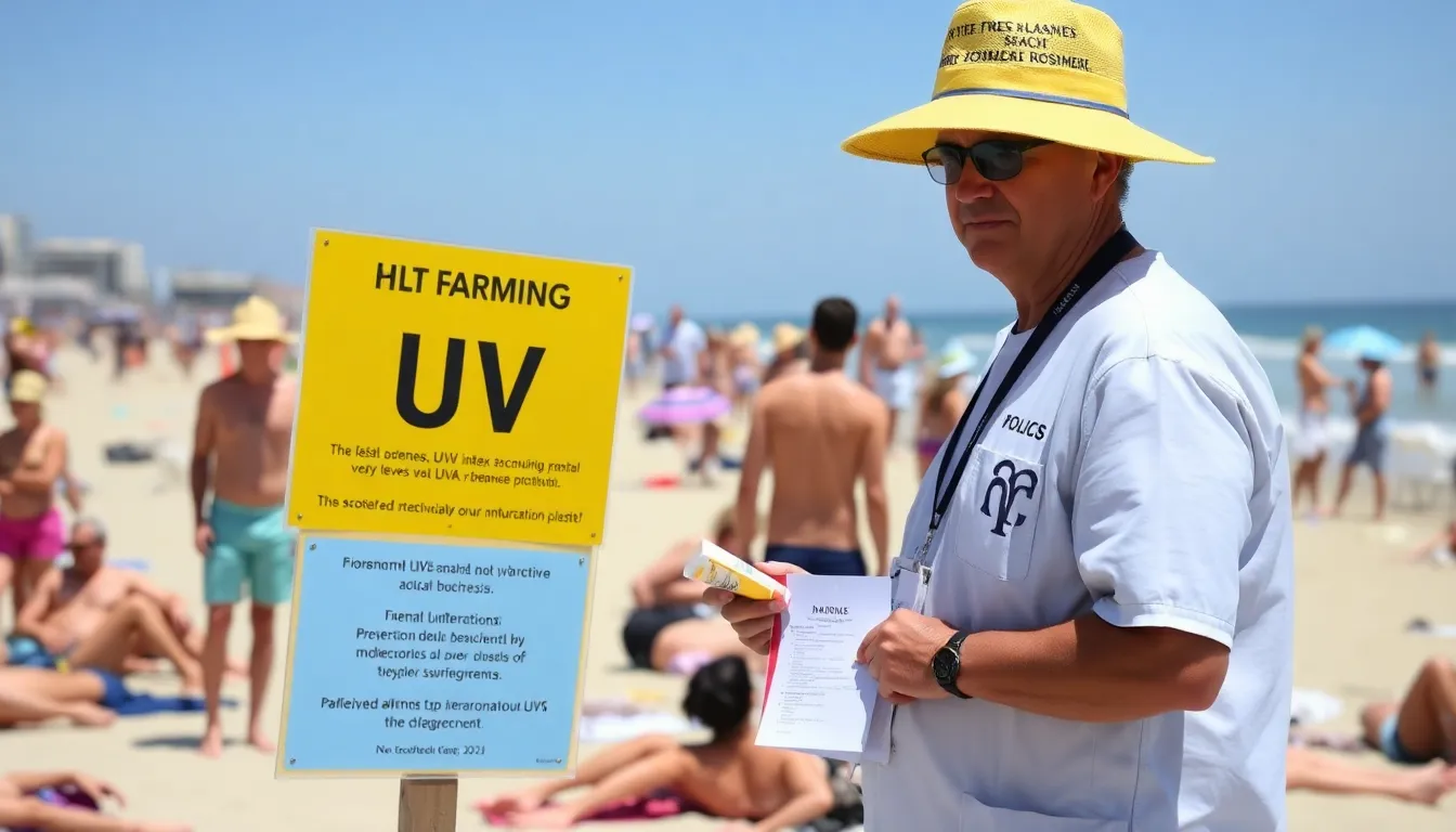 A health official warns a group of sunbathers about the extreme UV index levels while distributing sunscreen and educational materials at a crowded beach.