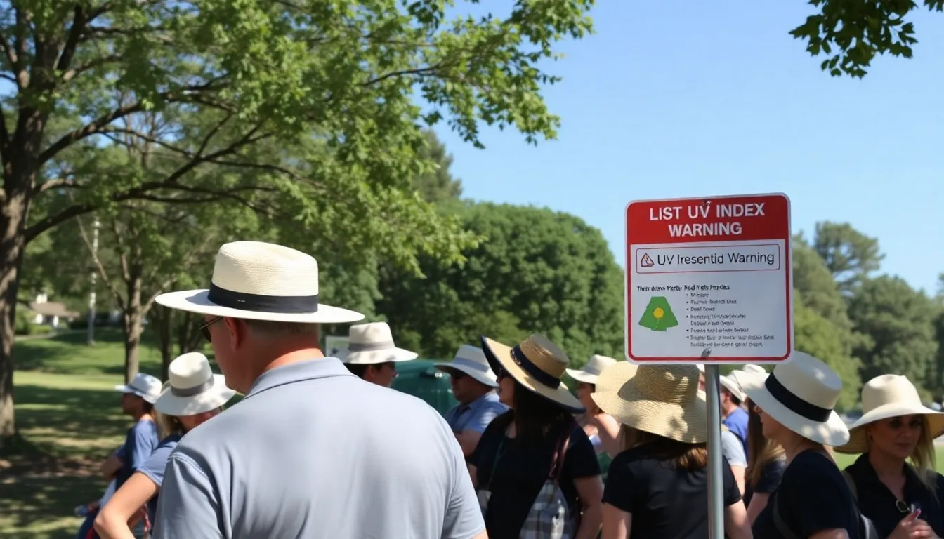 A group of people wearing hats and sunglasses gathers under a shaded area at a park, while a sign nearby displays the current UV index warning.