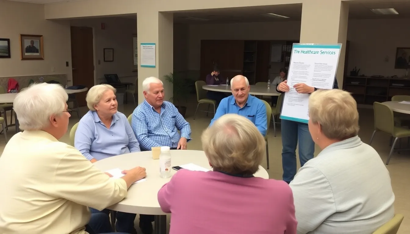 A group of older adults gathers in a community center, discussing resources and support services available to them while a volunteer provides information on healthcare options.