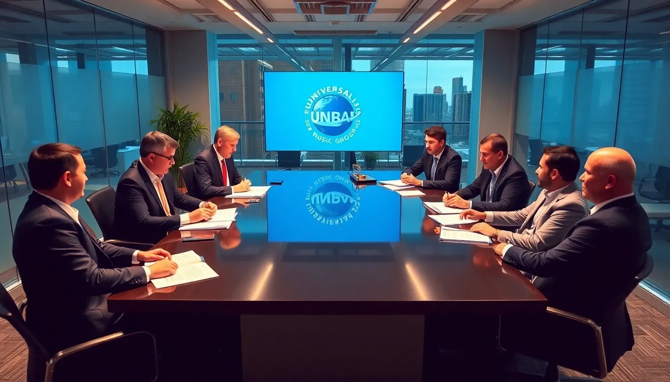 A group of investors is seen discussing a substantial takeover proposal for Universal Music Group, highlighting the growing interest in the music industry amid the rise of streaming services.