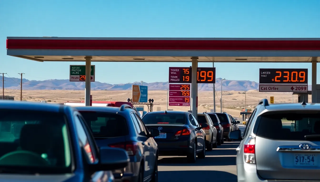 A line of vehicles waits at a gas station on a Native American reservation, where signs display significantly lower fuel prices compared to nearby towns.