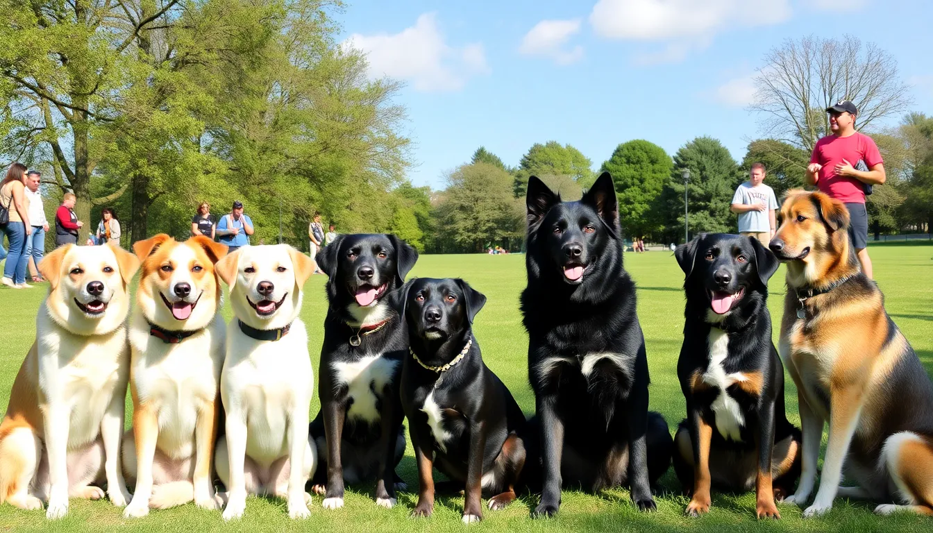 A group of diverse dog breeds sits together in a park, showcasing their unique personalities and interactions while onlookers engage in conversation about their varying traits and intelligence.