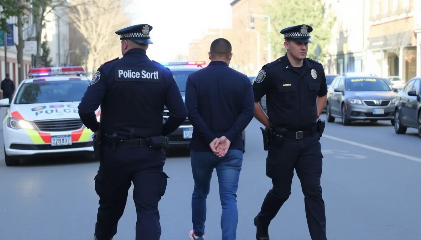 Victoria police officers escort two individuals into a squad car following their arrest in connection with the Dezi Freeman investigation.