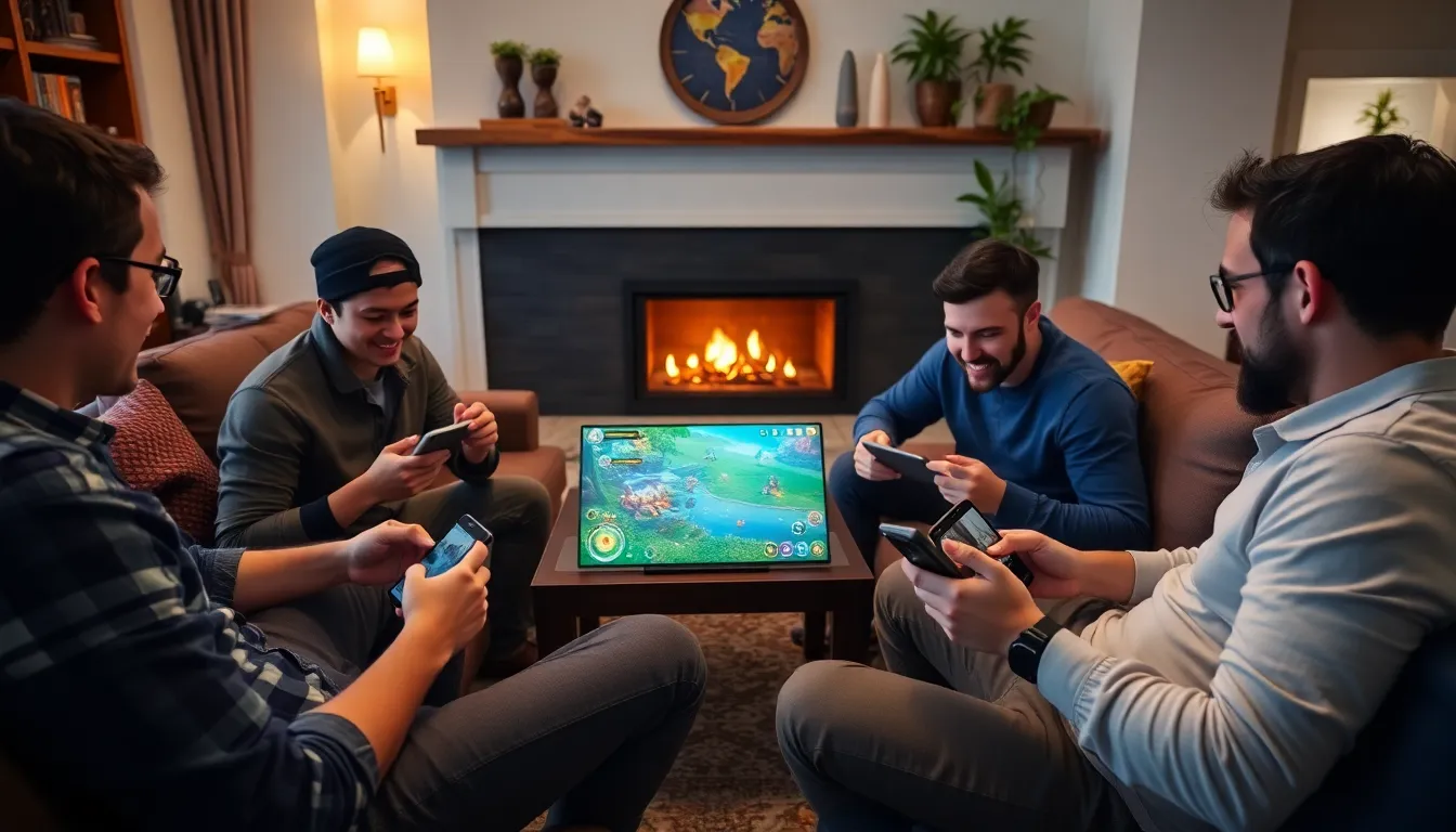 A group of players sits together in a cozy living room, engaged in animated conversation while playing a multiplayer game on their devices.