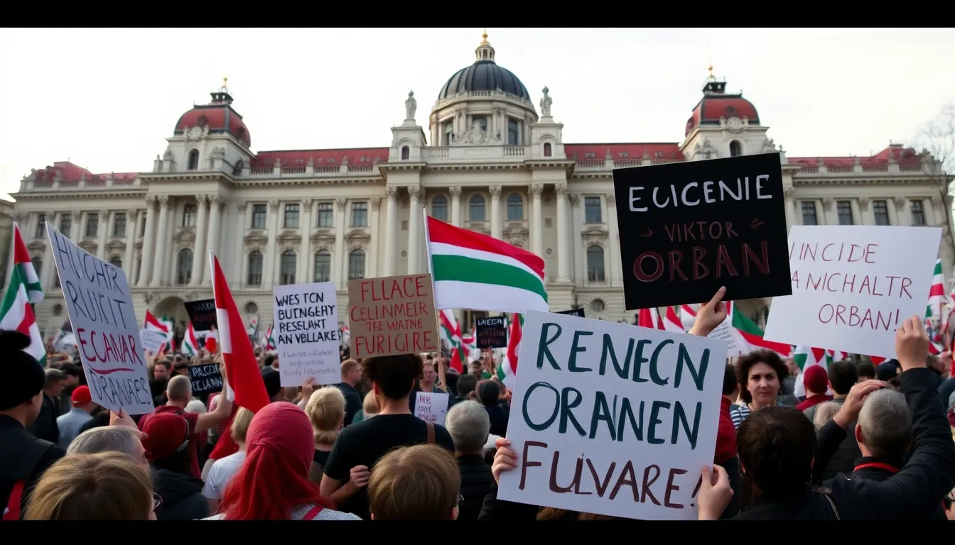Protesters gather in front of the Hungarian Parliament building, holding signs demanding political change and expressing discontent with Viktor Orbán's government as the 2024 elections approach.